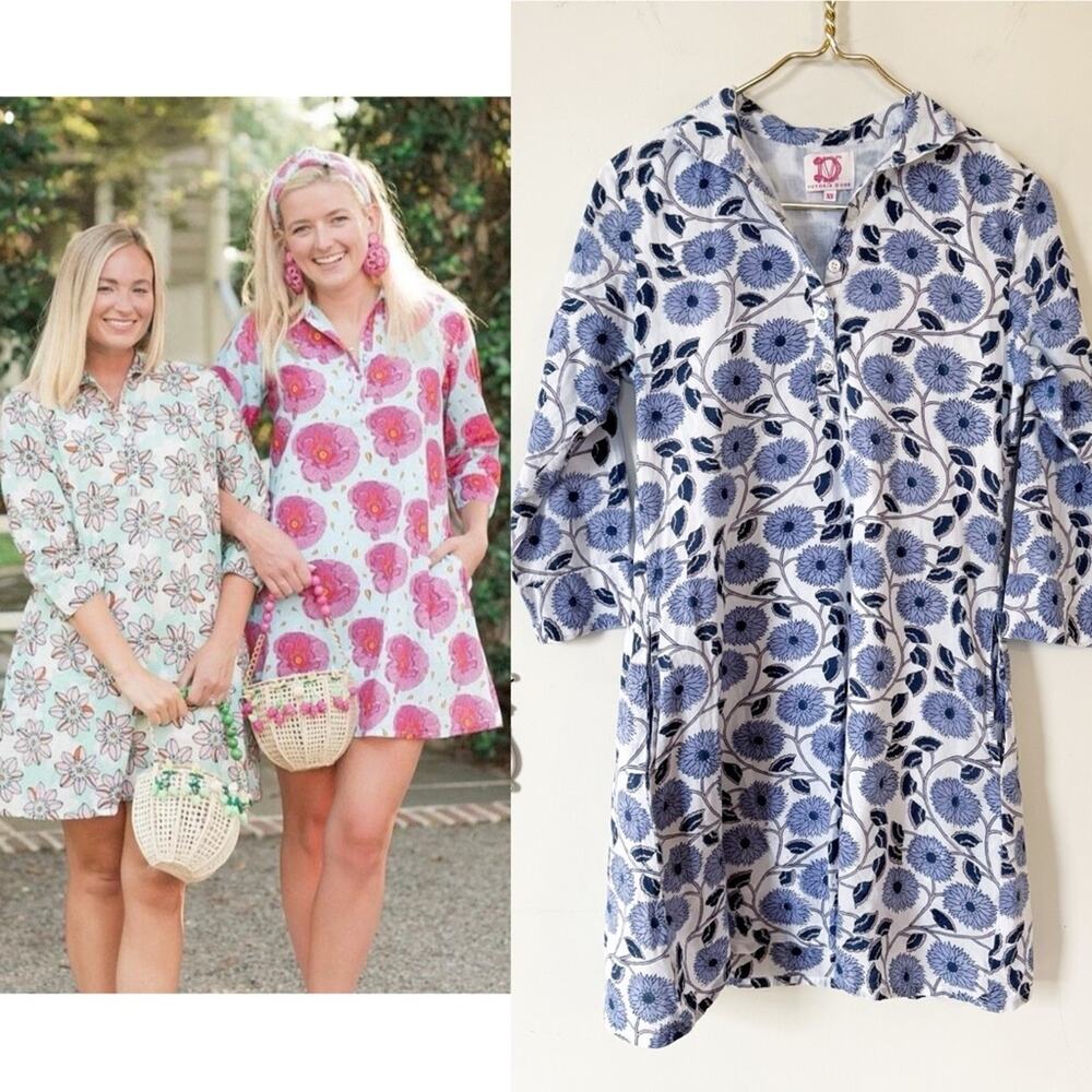 Victoria Dunn Periwinkle Blue Block Print Floral Shirt Dress Pockets XS